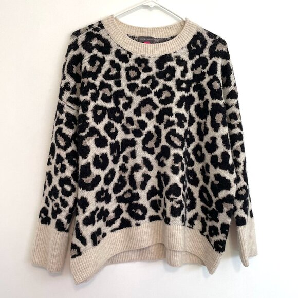 VINCE CAMUTO Cream Black Leopard Cheetah Animal Print Oversized Crewneck Sweater - Picture 1 of 10